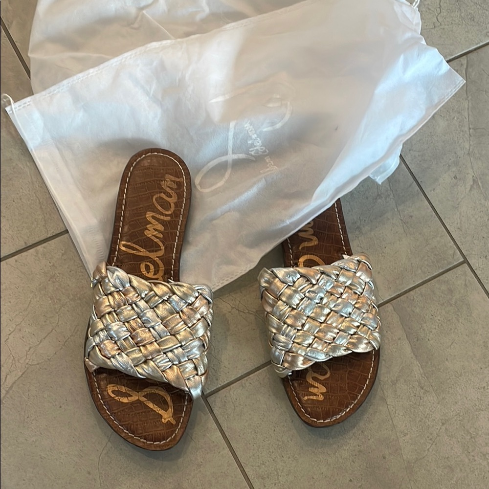 Sam Edelman Silver Slide Sandals with Woven Design